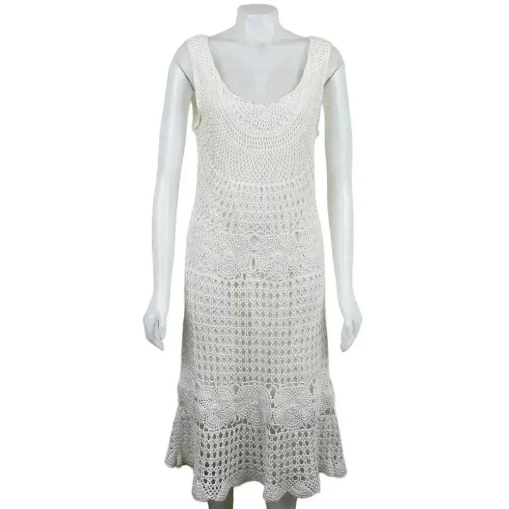 Linea Domani Crochet Midi Dress Cream Boho  Sleeveless Size Large